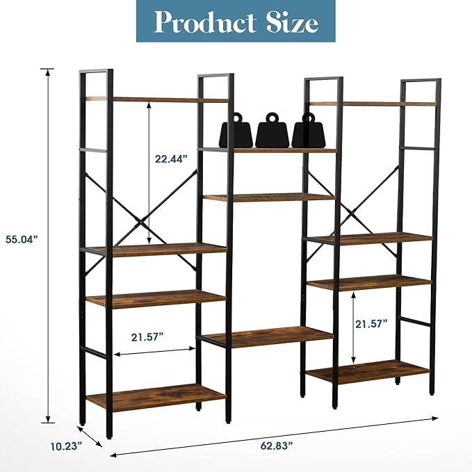 Triple Wide 4-Tier Bookshelf, Large Industrial Bookcase with 11 Open Display Shelves with Metal Frame for Living Room Bedroom Kitchen Office, Rustic Brown - LeafyLoom
