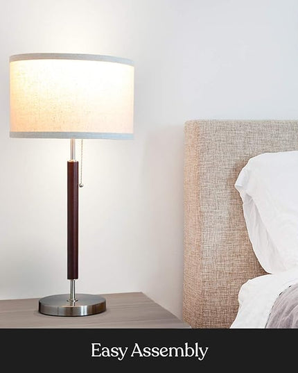 Brightech Carter LED Bedside Lamp - Compact Table & Desk Reading Lamp for Bedroom, Living Room, Office - Modern Nightstand & Side Lamp with Soft Ambient Light - Stainless Steel & Wood Finish - LeafyLoom