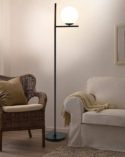 DLLT Modern LED Sphere Floor Lamp-9W Frosted Glass Globe Standing Lamps for bedroom, Energy Saving Mid Century Tall Pole Standing Accent lighting for Living Room, Office, Bedroom, Black - LeafyLoom