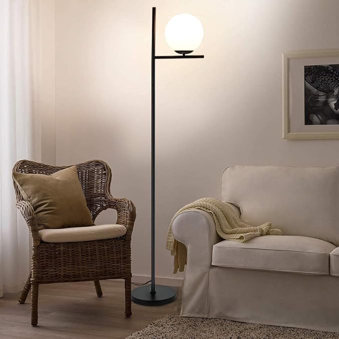 DLLT Modern LED Sphere Floor Lamp-9W Frosted Glass Globe Standing Lamps for bedroom, Energy Saving Mid Century Tall Pole Standing Accent lighting for Living Room, Office, Bedroom, Black - LeafyLoom