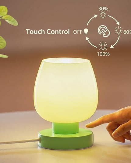 Touch Bedside Table Lamp with USB Charging - Modern Green Small Lamp for Bedroom Living Room Nightstand, Desk lamp with Glass Lamp Shade, Warm LED Bulb Included, 3 Way Dimmable, Simple Design - LeafyLoom