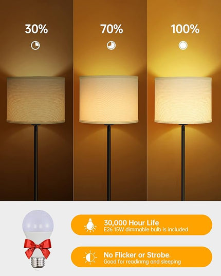 BoostArea Floor Lamp Standing Lamp, Tall Floor Lamp with 3 Dimmable Levels, Simple Floor Lamp with Linen Lampshade, On/OFF Footswitch, 9W LED Bulb Included, Floor Lamps for Living Room/Bedroom,White - LeafyLoom