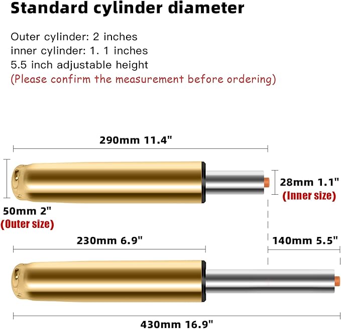 Adjustable Height Gas Lift Cylinder for Office Chairs, Universal Size, Heavy Duty, Gold - LeafyLoom