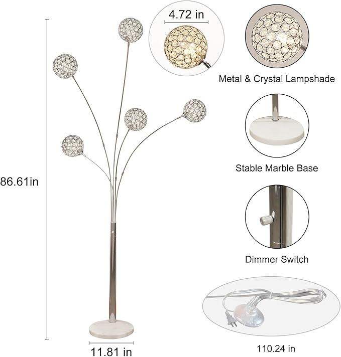 DLLT Floor Lamps for Living Room, 3-Light Chrome Arc Standing Lamp, 86.6" Modern Tall Tree Floor Lamp with Adjustable Arms, Multi-Head LED Floor Lamps for Bedroom, Study, Office, G9 Bulbs Included - LeafyLoom