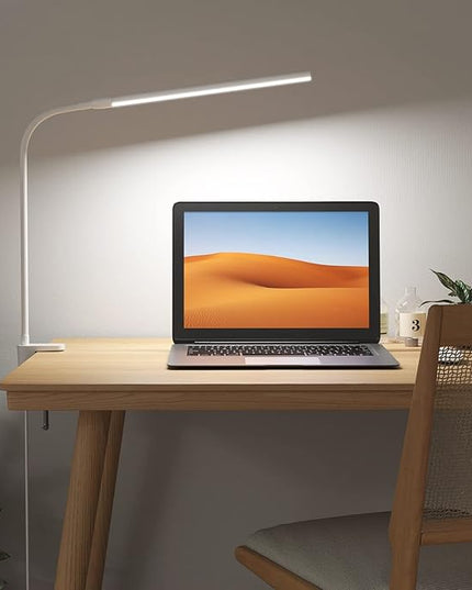 Lepro Small Desk Lamp with Clamp, LED Reading Lamp with 3 Color Modes 10 Brightness, Dimmable USB Clip on desk light with Gooseneck Swing Arm for Bed Headboard, Workbench, Home Office and Nail (White) - LeafyLoom