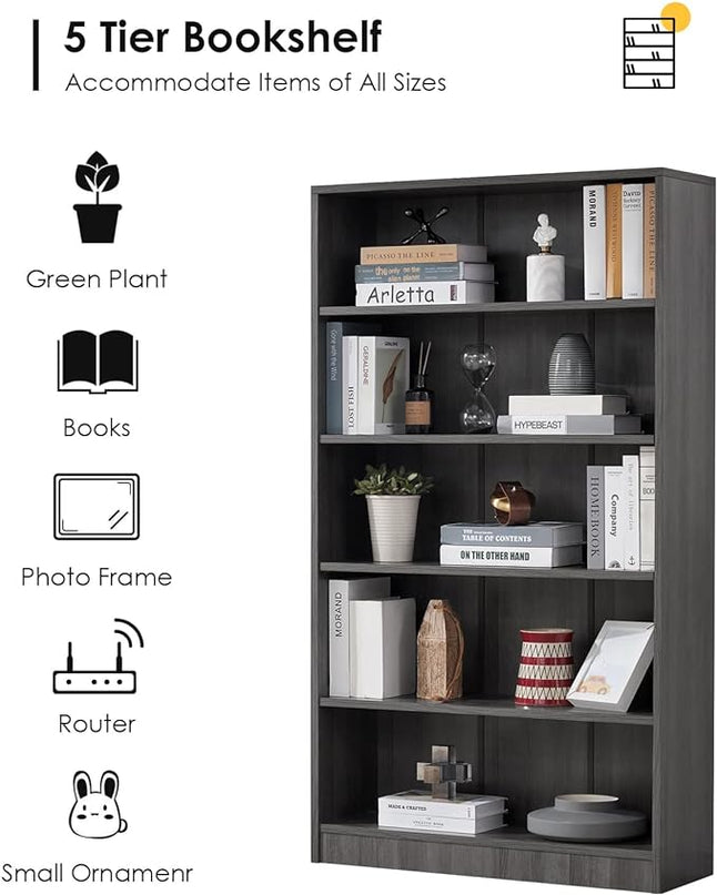 Farini Grey Bookshelf for Bedroom 5 Shelf Office Bookcase 60 Inches Tall Modern Wood Bookshelf for Living Room 5 Tier Wide Manga Bookshelf Library Bookcase - LeafyLoom