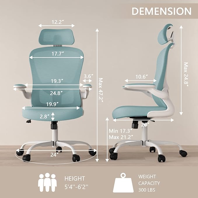 Office Chair, High Back Ergonomic Desk Chair, Breathable Mesh Desk Chair with Adjustable Lumbar Support and Headrest, Swivel Task Chair with flip-up Armrests, Executive Chair for Home Office - LeafyLoom