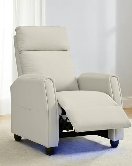 Recliner Chair for Adults PU Leather Push Back Armchair with 4 Colors Ambient Lighting Home Theater Seating with Massage & Heat Vibration Single Sofa for Living Room, Cream - LeafyLoom