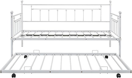 Twin Size Metal-Daybed with Trundle,Heavy-duty Sturdy Metal,Noise Reduced,Trundle-bed for Flexible Space,Vintage Style,No Box Spring Needed,Bedroom Living Room Furniture,LIGHT GREY - LeafyLoom