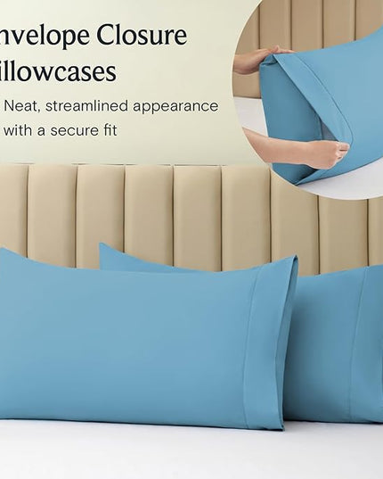 LuxClub 7 PC Split King Sheet Set, Breathable Luxury Bed Sheets, Deep Pockets 18" Eco Friendly Wrinkle Free Cooling Sheets Machine Washable Hotel Bedding Silky Soft - Light Blue Split King - LeafyLoom