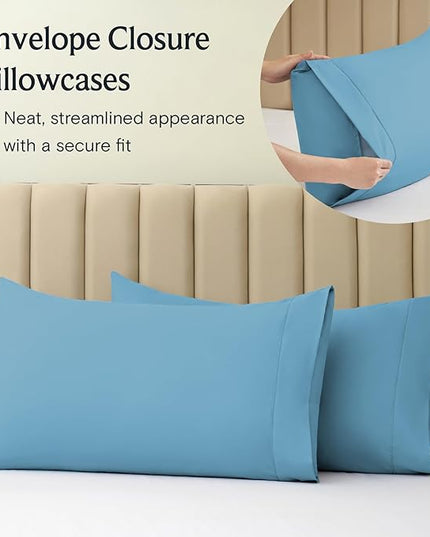 LuxClub 7 PC Split King Sheet Set Sheets Deep Pockets 18" Eco Friendly Wrinkle Free Cooling Sheets Machine Washable Hotel Bedding Silky Soft - Denim Split King - LeafyLoom