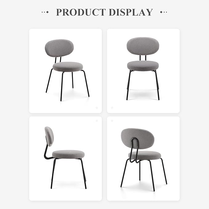 COLAMY Modern Fabric Dining Chairs Set of 2, Mid Centry Upholstered Dining Room Kitchen Chairs with Curved Backrest, Round Seat, Black Metal Legs, Grey - LeafyLoom