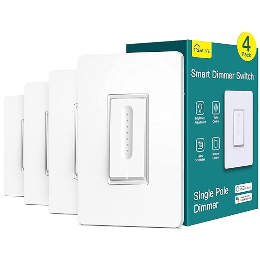 TREATLIFE Smart Dimmer Switch 4 Pack, Smart Switch Works with Alexa and Google Home, 2.4GHz WiFi Dimmer Light Switch for LED, CFL, Incandescent Bulbs, Neutral Wire Required, Single Pole TREATLIFE