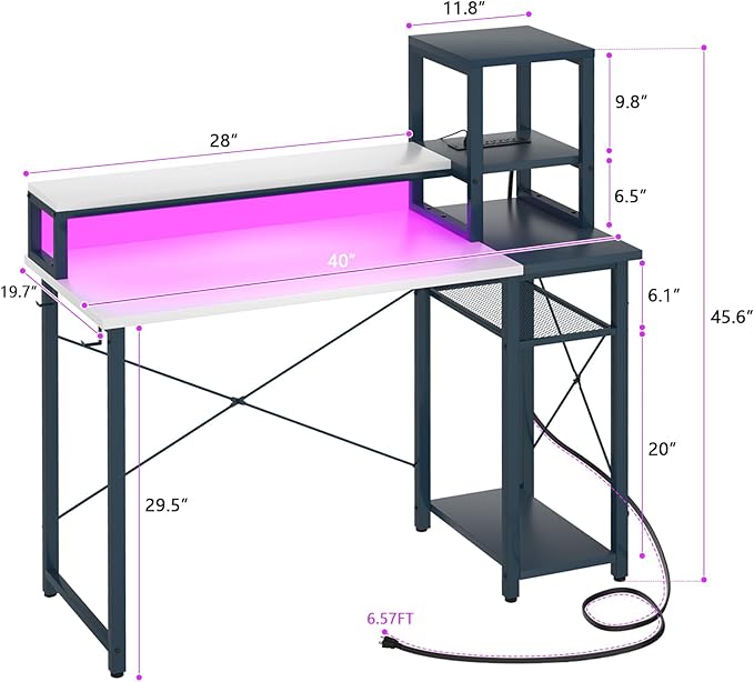 armocity 2024 Upgrade Gaming Desk with LED Lights, Small Computer Desk with Long Monitor Stand, 40'' Reversible Laptop Table with Shelves, Small Desk for Small Spaces, Gaming Room, White and Blue - LeafyLoom