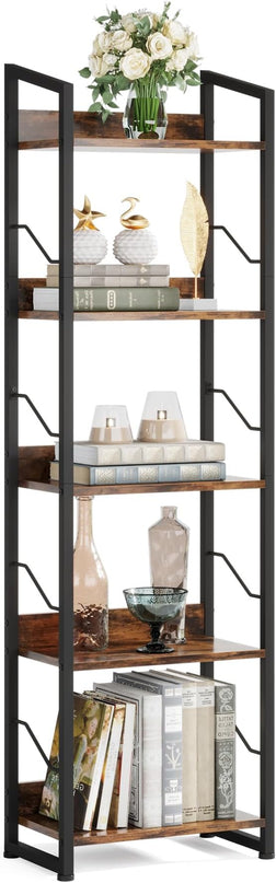 5 Tier Narrow Bookshelf: Tall Bookcase Book Shelf for Bedroom, Industrial Modern Bookshelves for Small Spaces (Rustic Brown) - LeafyLoom