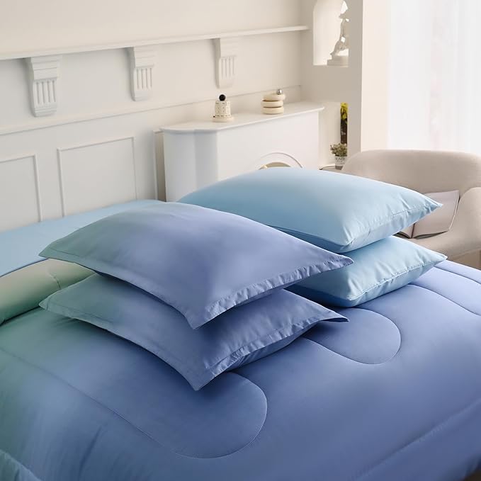 Dinjoy Girls Comforter Set Queen Size Colorful Rainbow Ombre Blue Green Pink Bedding Set Gradient 7 Pieces Bed in A Bag for Kids Teen Girl Women(1 Comforter, 1 Flat Sheet, 1 Fitted Sheet) - LeafyLoom