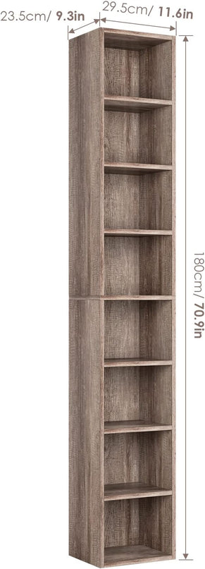 FOTOSOK 8-Tier Media Tower Rack, 11.6 X 9.3 X 70.9 Inches CD DVD Slim Storage Cabinet with Adjustable Shelves, Tall Narrow Bookcase Display Bookshelf for Home Office, Oak - LeafyLoom