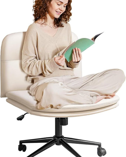 FLEXISPOT Criss Cross Chair with Wheels, Vanity Chair with High Back, Armless Criss Cross Desk Chair with Comfy Wide Seat Cushion for Home Office（White） - LeafyLoom