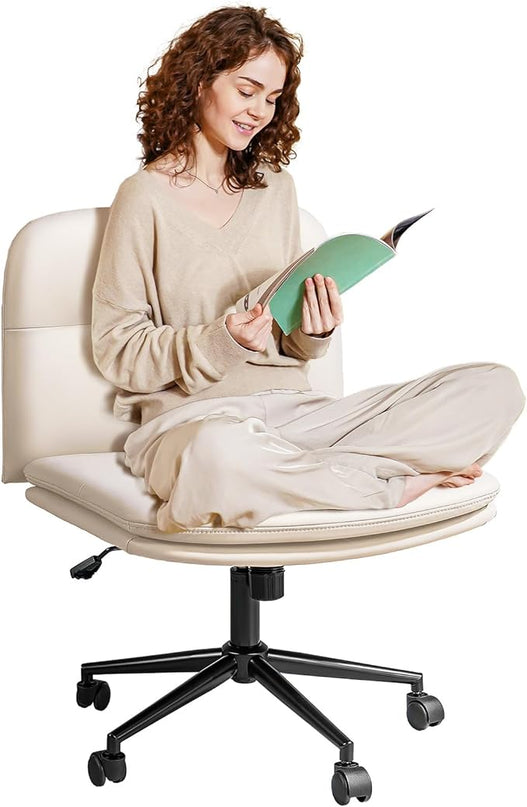 FLEXISPOT Criss Cross Chair with Wheels, Vanity Chair with High Back, Armless Criss Cross Desk Chair with Comfy Wide Seat Cushion for Home Office（White） - LeafyLoom