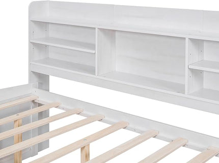 Full Captains Bed with 3 Storage Drawers and Trundle, Wood Daybed with Built-in Bookshelves for Bedroom Living Room, White - LeafyLoom
