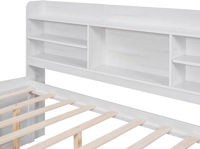 Full Captains Bed with 3 Storage Drawers and Trundle, Wood Daybed with Built-in Bookshelves for Bedroom Living Room, White - LeafyLoom