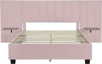 Queen Upholstered Platform Bed Frame with Extended Headboard and and Two Shelves, Velvet Bed, No Box Spring Needed, Pink - LeafyLoom