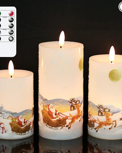 DRomance Christmas White LED Flameless Flickering Candles Battery Operated with 10-Key Remote and Timer Set of 3 Realistic 3D Wick Real Wax Holiday Flameless Pillar Candles, Santa Decal DRomance