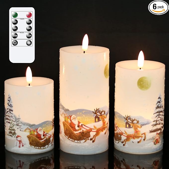 DRomance Christmas White LED Flameless Flickering Candles Battery Operated with 10-Key Remote and Timer Set of 3 Realistic 3D Wick Real Wax Holiday Flameless Pillar Candles, Santa Decal DRomance