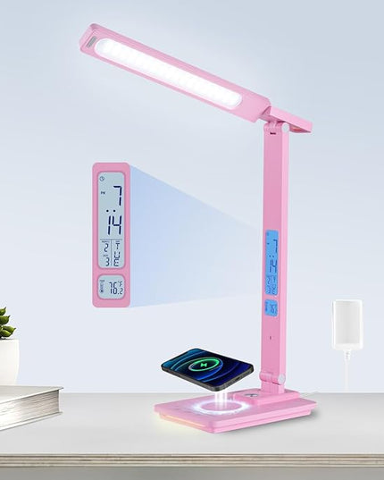 LED Desk Lamp Wireless Charger: Pink Office Table Lamps with USB Port, Reading Lamp for Home with Clock Alarm Temperature | Desk Light with Night Light, Eye-caring Smart Lamp for Dorm College - LeafyLoom