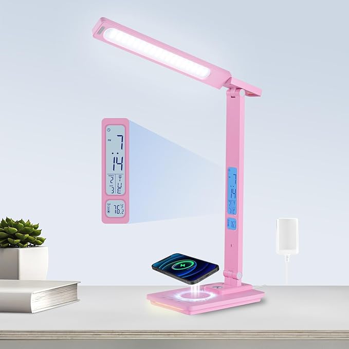 LED Desk Lamp Wireless Charger: Pink Office Table Lamps with USB Port, Reading Lamp for Home with Clock Alarm Temperature | Desk Light with Night Light, Eye-caring Smart Lamp for Dorm College - LeafyLoom