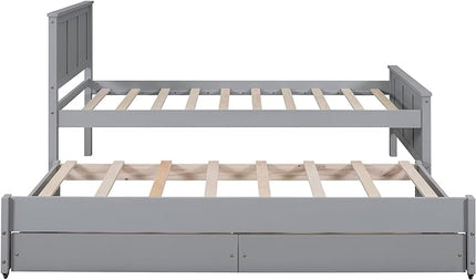 Merax Wood Bed with Trundle and 2 Drawers Twin Daybed Frame for kids Teens Adults/No Box Spring Needed Grey - LeafyLoom