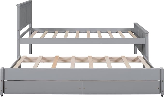 Merax Wood Bed with Trundle and 2 Drawers Twin Daybed Frame for kids Teens Adults/No Box Spring Needed Grey - LeafyLoom