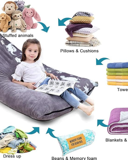 Stuffed Animal Storage Bean Bag Chair Cover, Plush Toys Organizer, Animals Doll Holder, Extra Large Lounger with Handle and Zipper Super Soft for Kids and Teans -Dinosaur Style - LeafyLoom