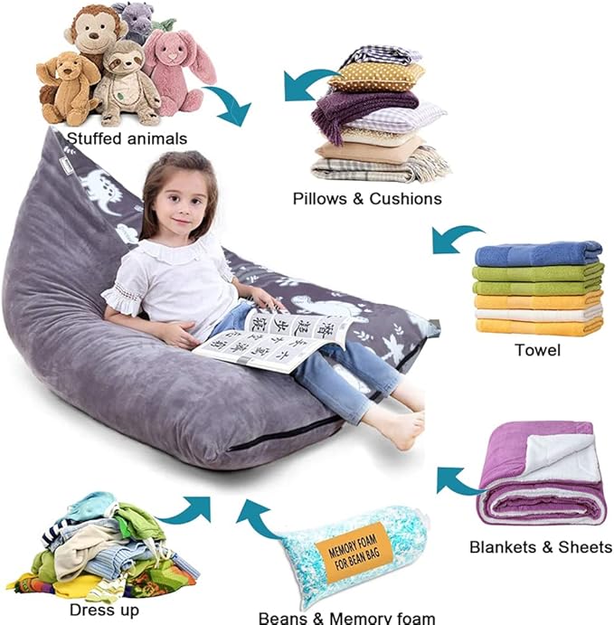 Stuffed Animal Storage Bean Bag Chair Cover, Plush Toys Organizer, Animals Doll Holder, Extra Large Lounger with Handle and Zipper Super Soft for Kids and Teans -Dinosaur Style - LeafyLoom