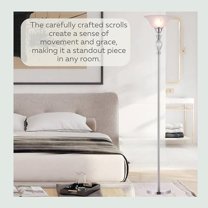 LIGHTACCENTS Silver Floor Lamp for Living Room with White Alabaster Glass Shade - Stand Up Torchiere Lamp - Durable Iron Scrollwork - Brushed Nickel Pole Lamp - Elegant Floor Lamp for Bedrooms - LeafyLoom