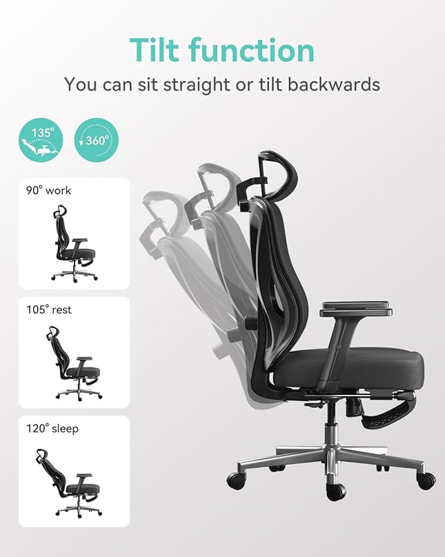 Hbada Ergonomic Office Chair, Desk Chair with Adjustable Lumbar Support and Height, Comfortable Mesh Computer Chair with Footrest 2D Headrest, Swivel Tilt Function Black - LeafyLoom