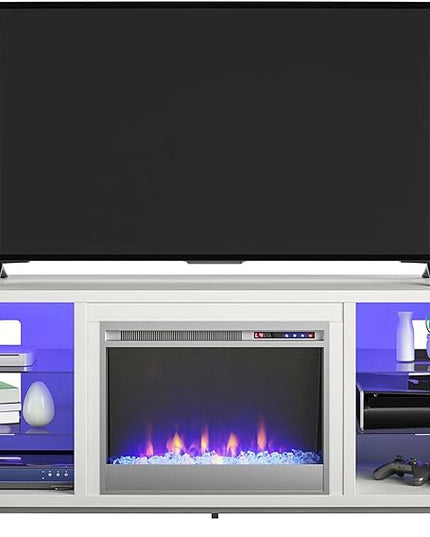 Ameriwood Home Lumina Fireplace TV Stand for TVs up to 70 Inch, Replaceable Electric Fireplace Insert Heater, Remote Control, Timer, Color Changing LED Lights, Crystal Ember Flames, White - LeafyLoom