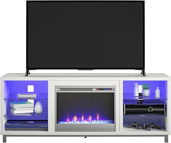 Ameriwood Home Lumina Fireplace TV Stand for TVs up to 70 Inch, Replaceable Electric Fireplace Insert Heater, Remote Control, Timer, Color Changing LED Lights, Crystal Ember Flames, White - LeafyLoom