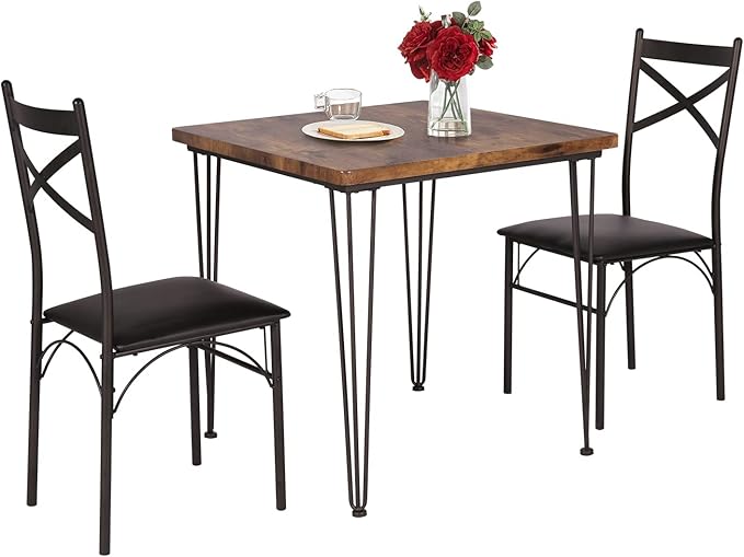 VECELO 3-Piece Table Chairs with Metal Legs for Kitchen, Room, Dinette, Breakfast Nook, Dining Set for 2, Retro Brown - LeafyLoom