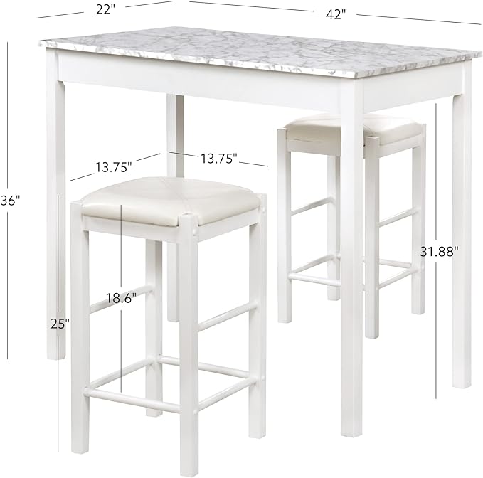 Linon White 3 Piece Faux Marble Tavern Set - LeafyLoom