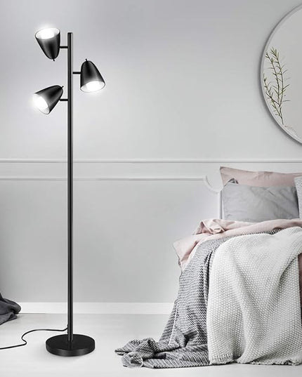 Qimh Tree Floor Lamp with 3 Light Bulbs, Standing Tall Pole Lamps for Living Room Bedroom Office, Reading Stand up Lamps with 3 Adjustable Arms, Black - LeafyLoom