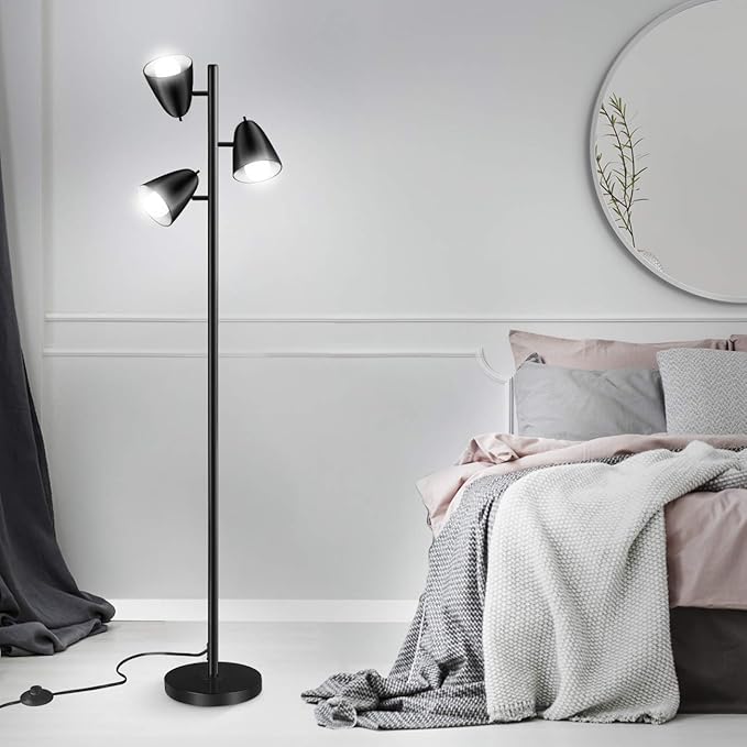 Qimh Tree Floor Lamp with 3 Light Bulbs, Standing Tall Pole Lamps for Living Room Bedroom Office, Reading Stand up Lamps with 3 Adjustable Arms, Black - LeafyLoom