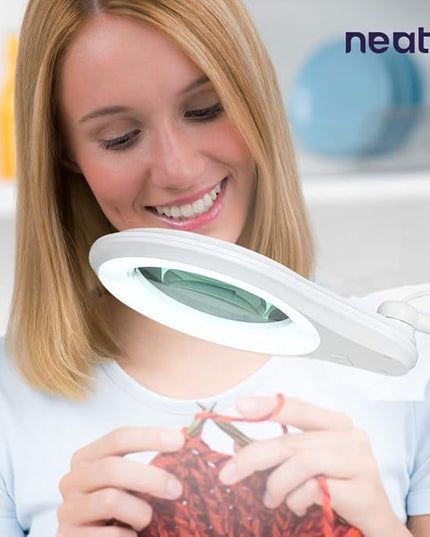 Neatfi (New Model) Bifocals 1,200 Lumens Super LED Magnifying Lamp with Clamp, 8D + 20D, Dimmable, 5 Inches Diameter Lens, Adjustable Arm Utility Clamp (8 Diopter + 20 Diopter, White) - LeafyLoom