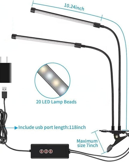Clip on Lamp, Dual Head Bright Eye-Care 3 Color Mode Desk Lamp with Clamp, 5 Level Dimmer Clip on Light, 360 °Adjustable Clip on Desk Lamp for Reading, Working, Bedroom, Music Stand - LeafyLoom