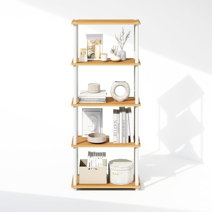 Furinno Turn-N-Tube 5-Tier Multipurpose Compact Display Rack, Shelving Unit, Bookcase, Beech/White - LeafyLoom