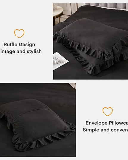 Andency Black Full Size Comforter Set, 3 Pieces Ruffle Farmhouse Shabby Chic Bedding Comforter & Sets, Soft Lightweight Fluffy All Season Down Alternative Bed Set for Boys Kids Men Women - LeafyLoom