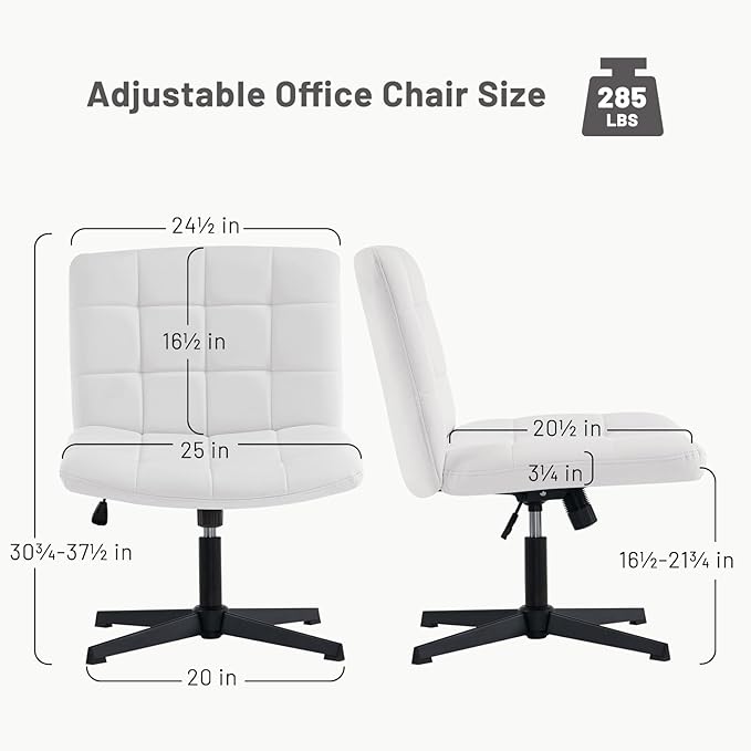 Furniliving Office Desk Chair No Wheels, Criss Cross Legged Office Desk Chair Height Armless Adjustable Wide Home Chair with Mid Back PU-Padded Swivel Accent Vanity Chairs,White - LeafyLoom