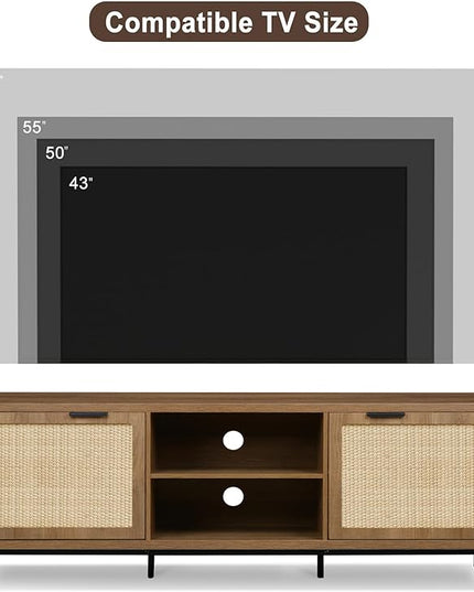 Anmytek Farmhouse Rattan TV Stand for 65 Inch TV Rustic TV Console Table with 2 Rattan Doors Modern Entertainment Center for Living Room Bedroom H0033 - LeafyLoom