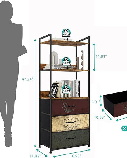 Vertical Bookshelf with 3 Drawers, Narrow Bookcase with Shelves, Wood Storage Organizer Cabinet, Metal Frame Display Standing Shelf Unit for Bedroom, Kitchen, Office - LeafyLoom