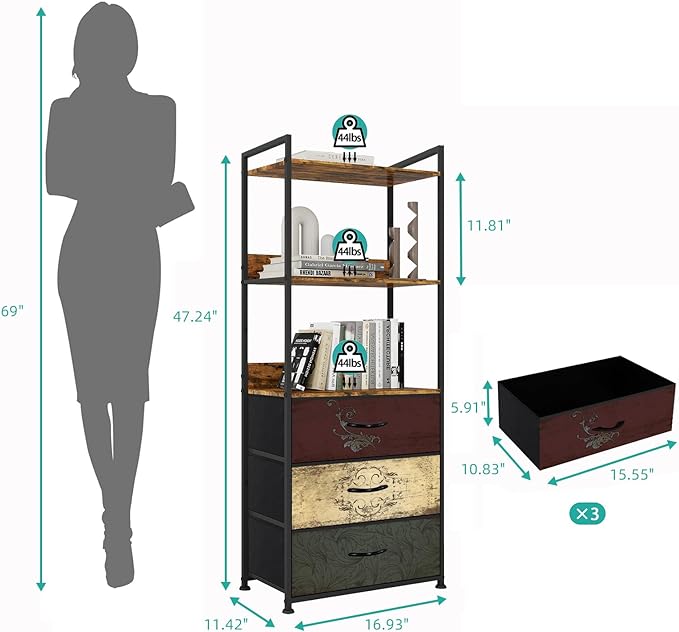 Vertical Bookshelf with 3 Drawers, Narrow Bookcase with Shelves, Wood Storage Organizer Cabinet, Metal Frame Display Standing Shelf Unit for Bedroom, Kitchen, Office - LeafyLoom